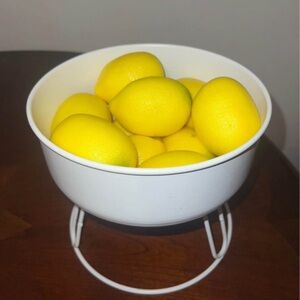 White Metal Fruit Bowl with Bright Yellow Lemons